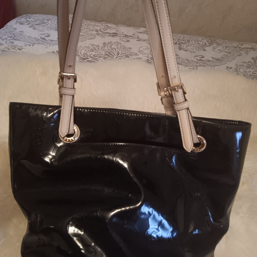 MICHAEL Michael Kors Black Patent Leather Tote with Cream Handles